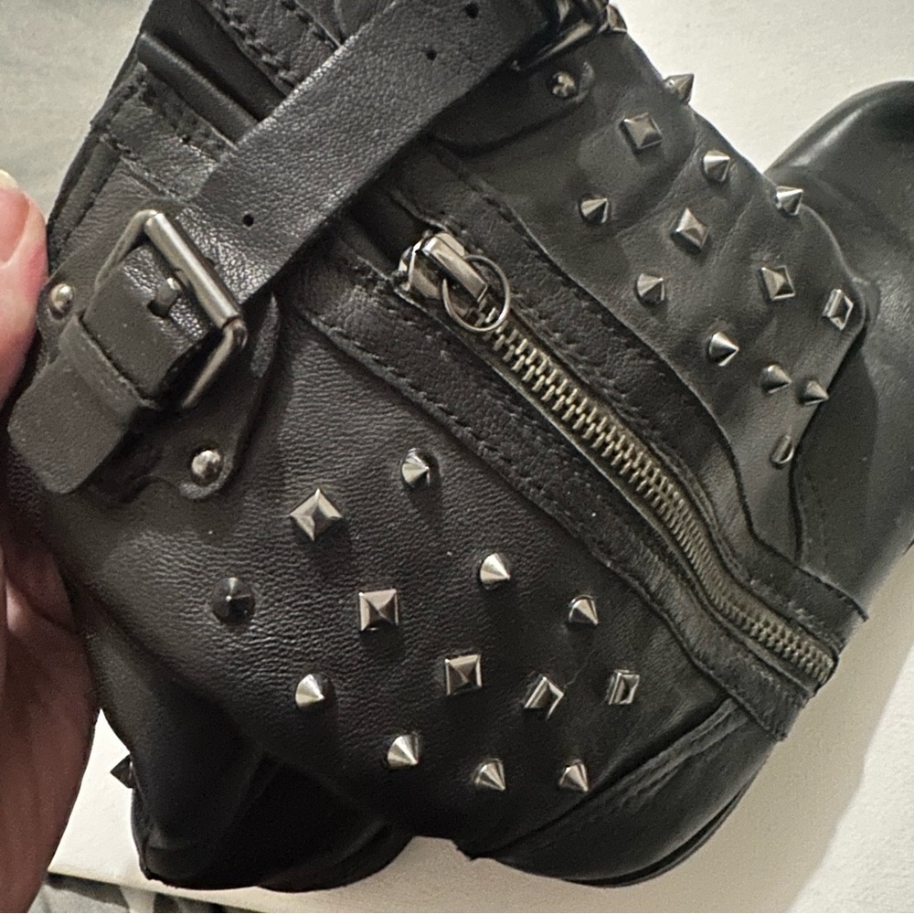 Geox Black Respira Virna Leather Plaid Lined Silver Spikes Moto Boots Sz 6 / 37 - Picture 10 of 15